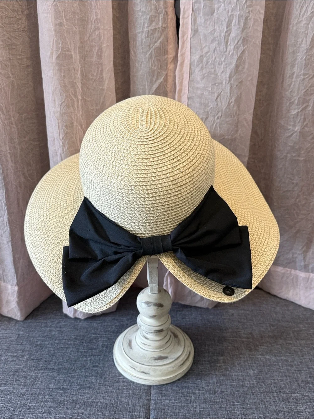 Peter Grimm Wide Brim Straw Hat in Natural Beige with Black Bow
